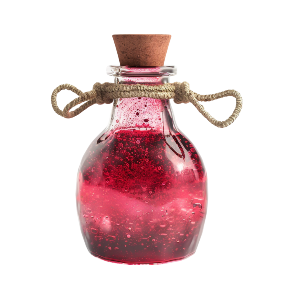 ai generado amor magia poción.3d vaso poción con rojo líquido en transparente antecedentes generativo ai png