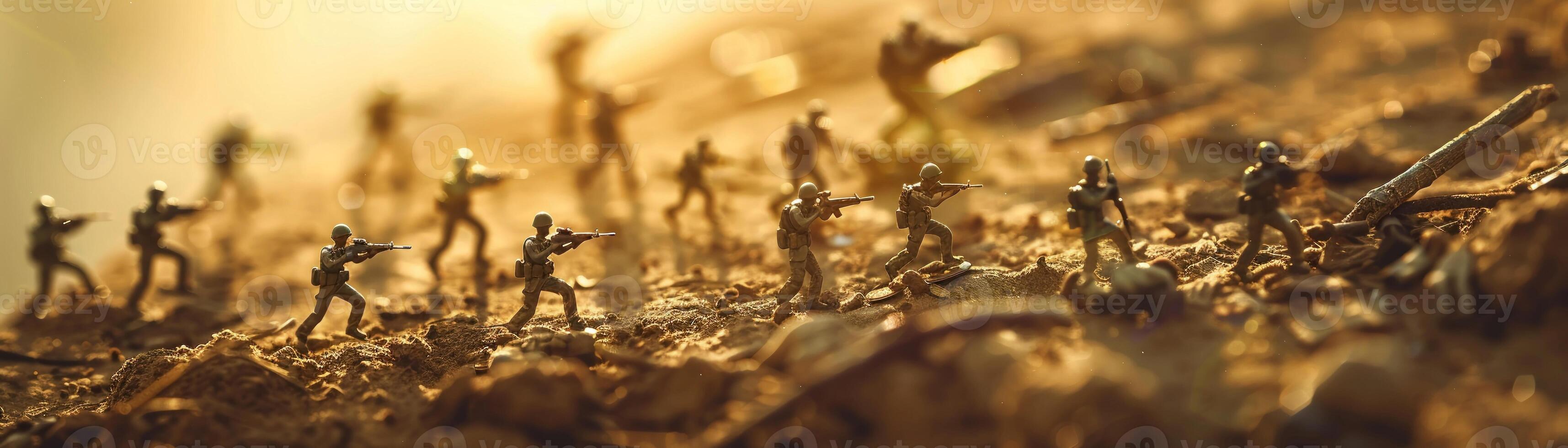 AI generated A scene of miniature toy soldiers positioned in a tactical formation photo