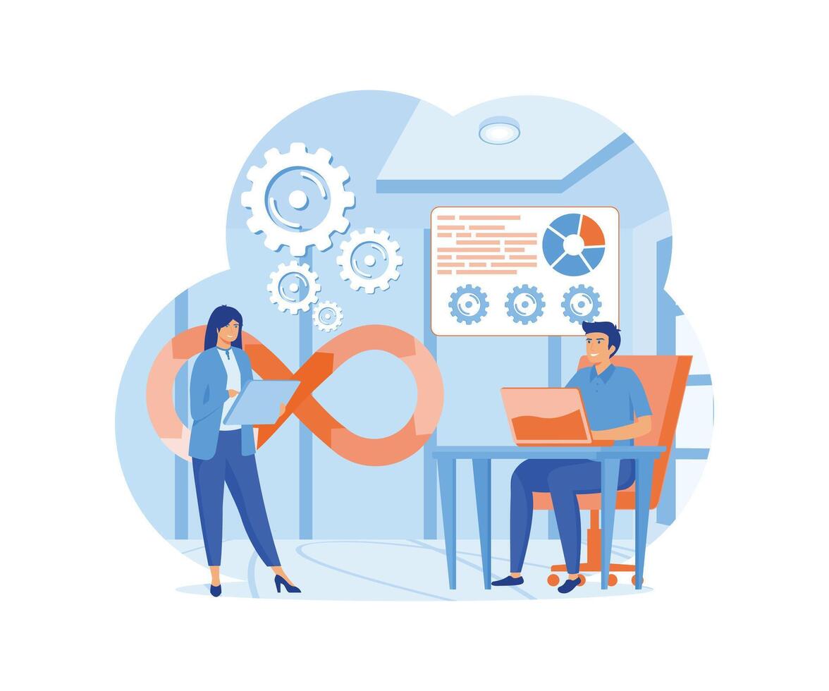 Dev0ps engineers web design with people. Dev0ps work with computers scene. flat vector modern illustration