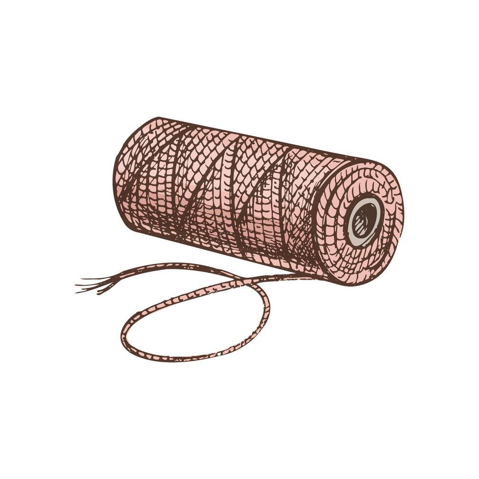 Hand-drawn colored sketch of skein of thread. Handmade, sewing equipment concept in vintage doodle style. Engraving style. vector