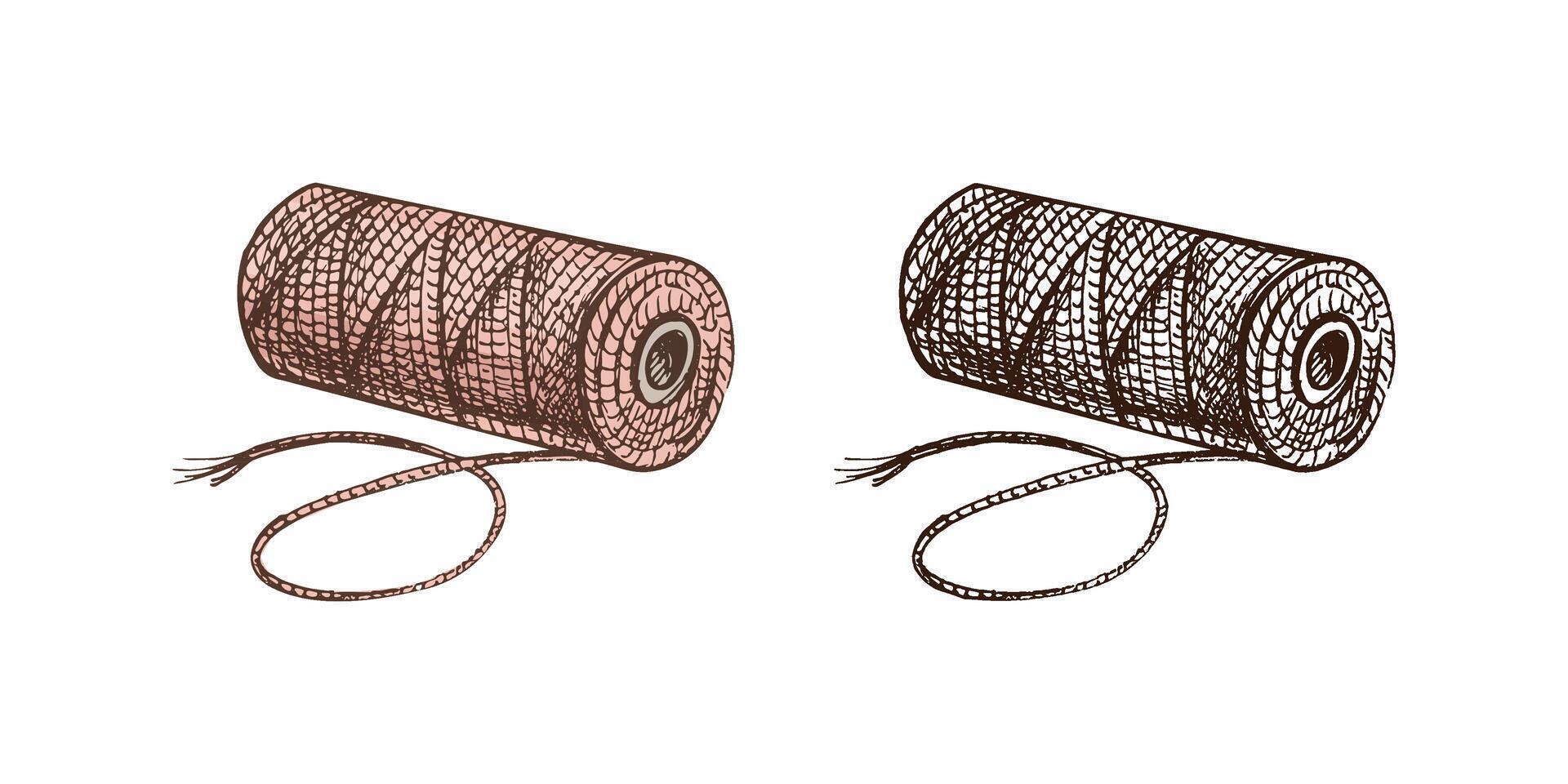 Hand-drawn colored and monochrome sketches of skein of thread. Handmade, sewing equipment concept in vintage doodle style. Engraving style. vector