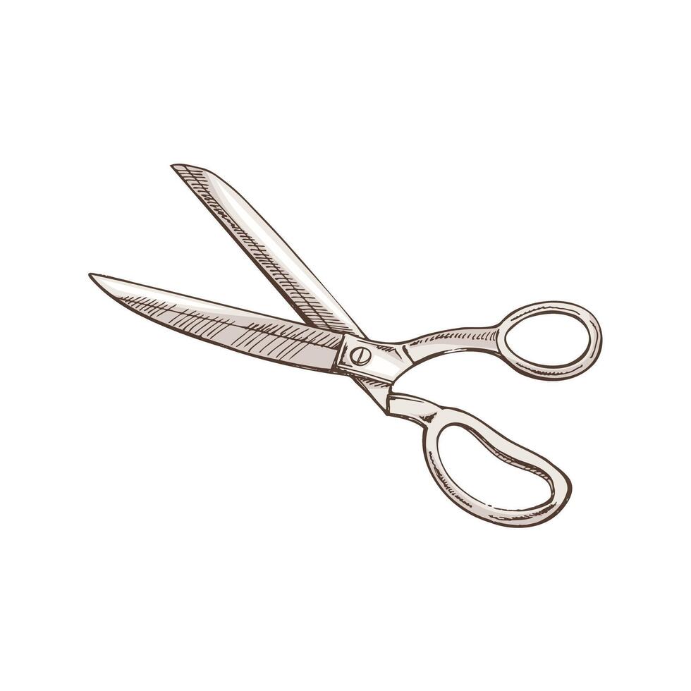 Hand-drawn colored sketch of tailor's scissors. Handmade, sewing equipment concept in vintage doodle style. Engraving style. vector