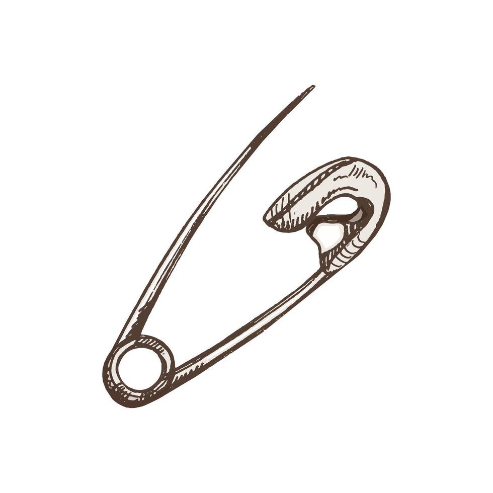 Hand-drawn colored sketch of Safety Pin. Handmade, sewing equipment concept in vintage doodle style. Engraving style. vector