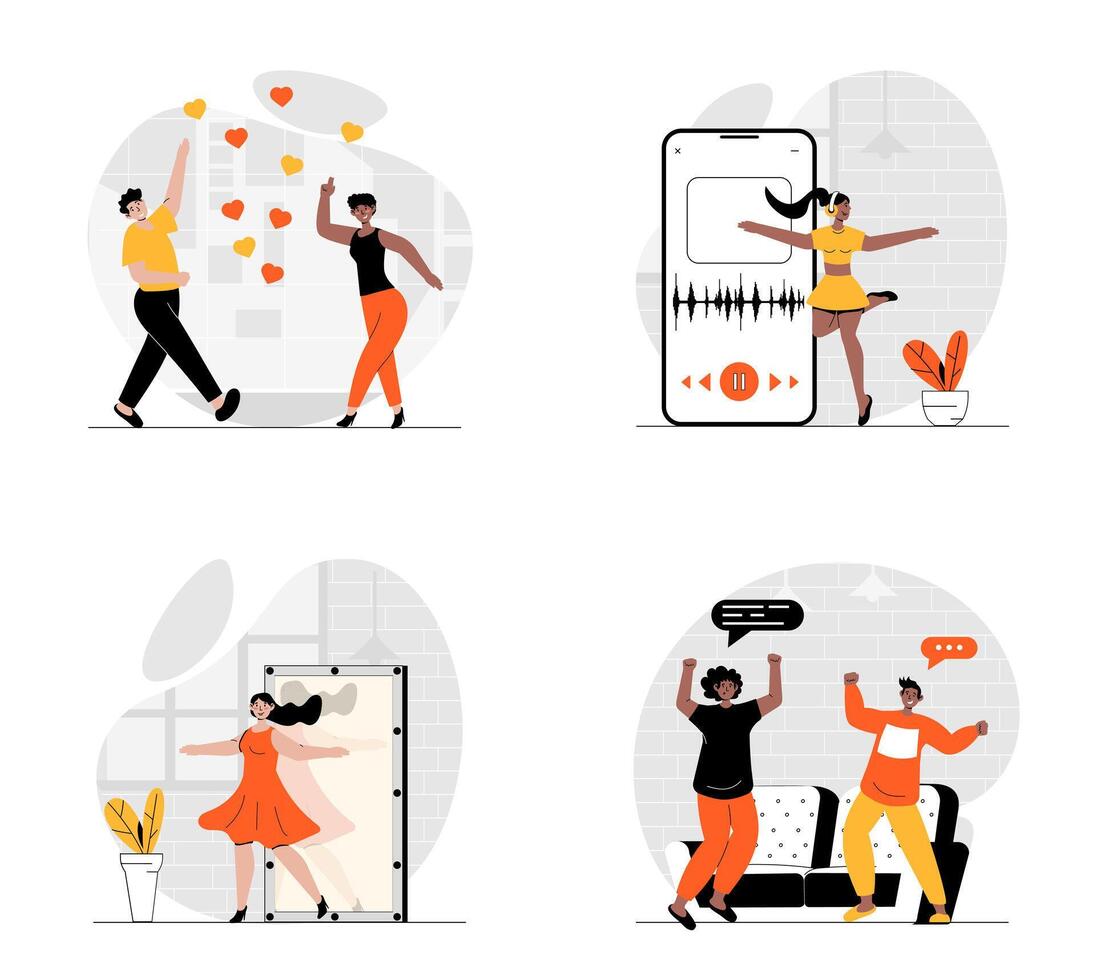 People dancing concept with character set. Collection of scenes men and women dance in discotheques and home, learning new moves and training with mobile app. Vector illustrations in flat web design