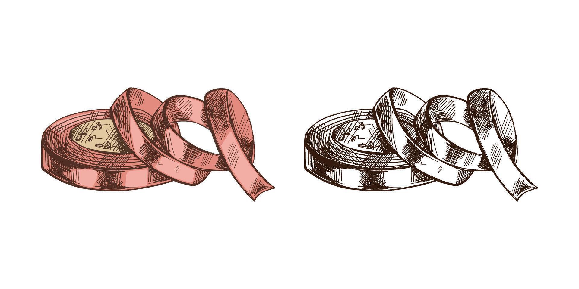 Hand-drawn colored and monochrome sketches of satin ribbon. Handmade, sewing equipment concept in vintage doodle style. Engraving style. vector