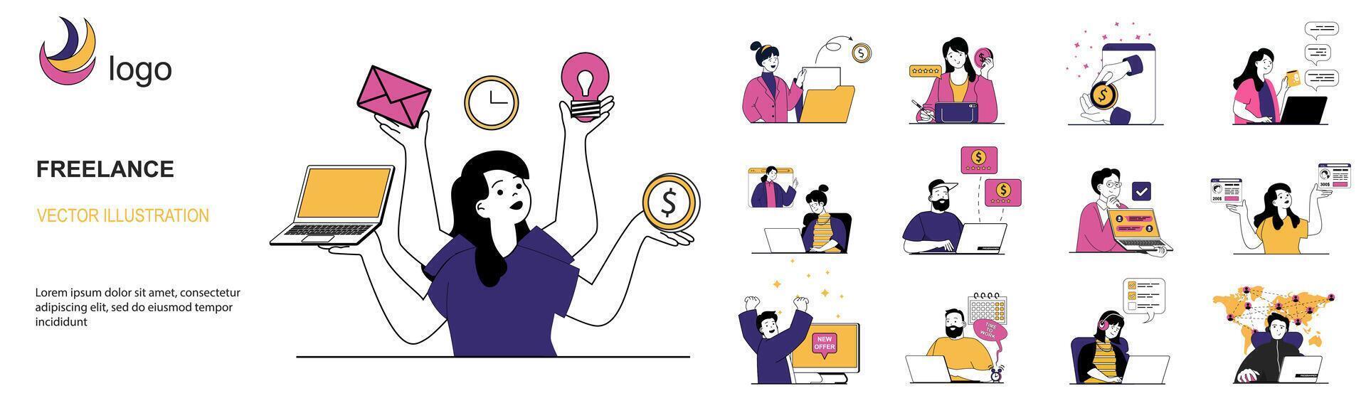 Freelance concept with character situations collection. Bundle of scenes people working online, getting new job offres, making tasks at remote home workplaces. Vector illustrations in flat web design