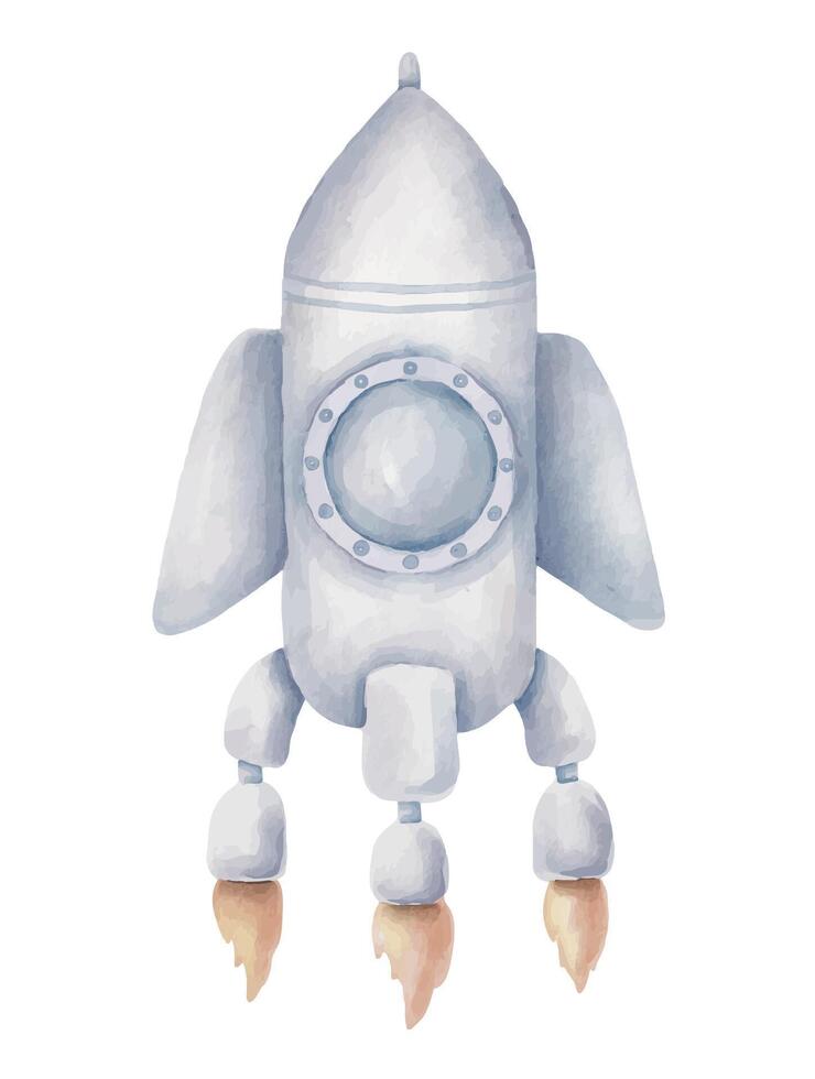 Spaceship watercolor illustration. Drawing of Spacecraft for Baby shower greeting cards or kids birthday invitations in cartoon style. Sketch of Space ship on isolated background for childish nursery vector