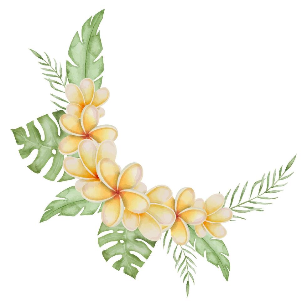 Plumeria Watercolor Frame Border. Frangipani flower with tropical leaves. Hand drawn clipart on isolated background. Round wreath from a bouquet of exotic summer plants. Floral botanical illustration vector