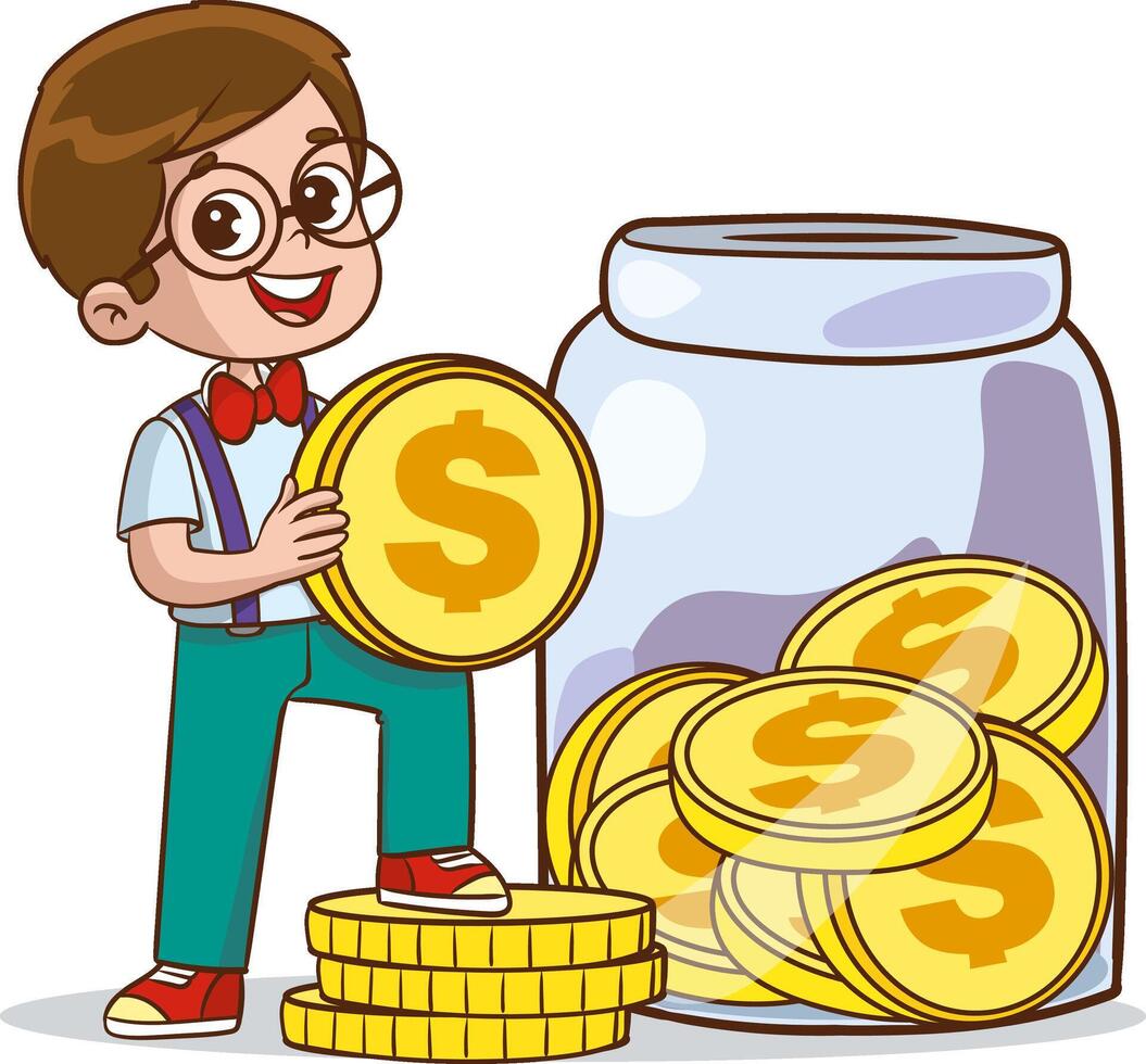 Smiling little boy holding piggy bank and putting coins in it. Young kids cartoon character saving money.Finance and savings economy, children's budget vector