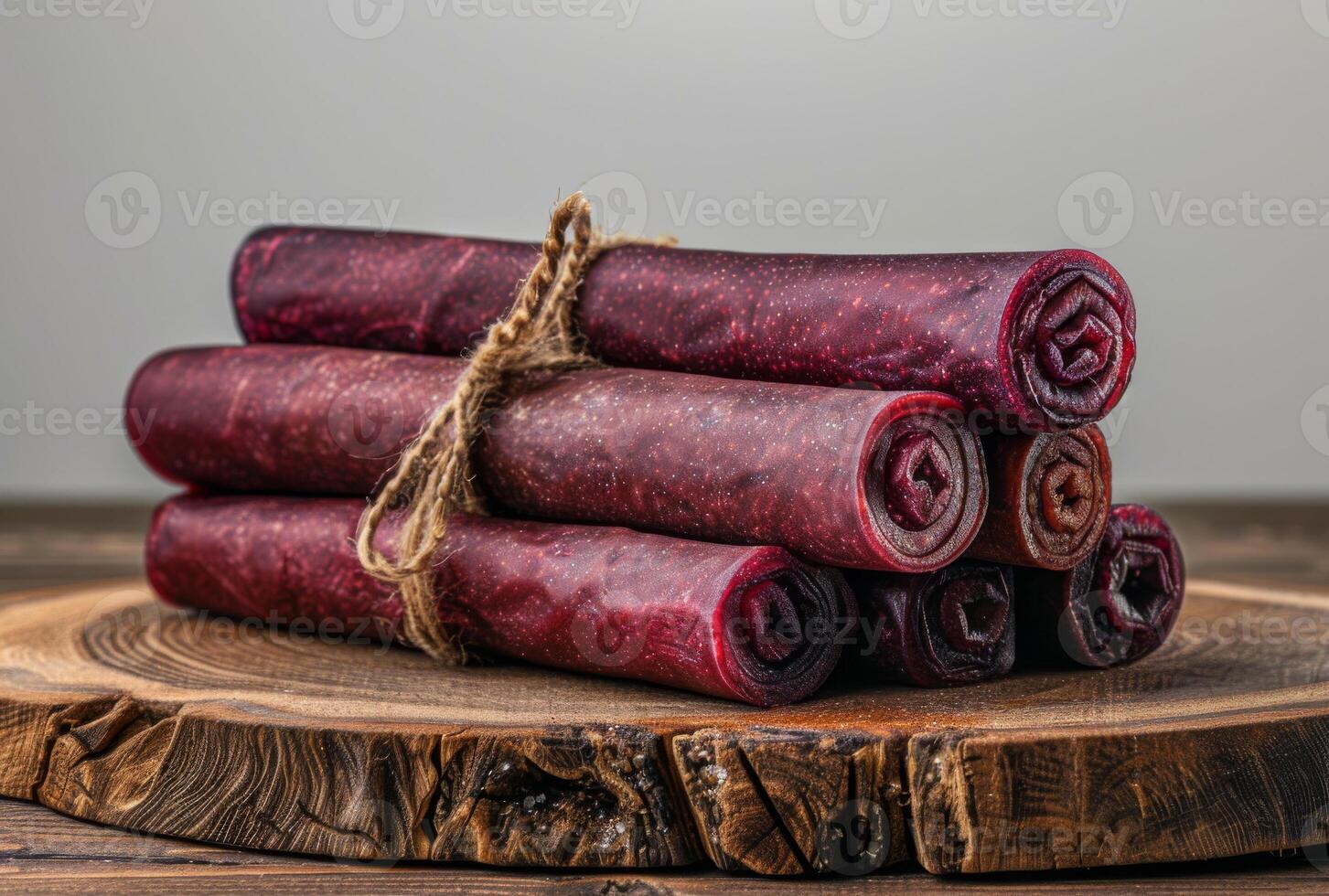 AI generated Handmade fruit pastilles. Traditional rawhides or salamis on the wooden board selective focus photo