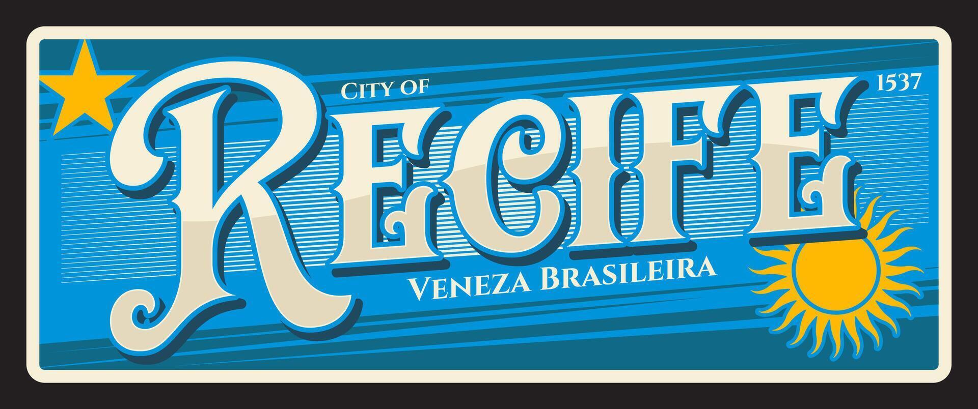 recife brasileño ciudad lámina, retro estaño firmar vector