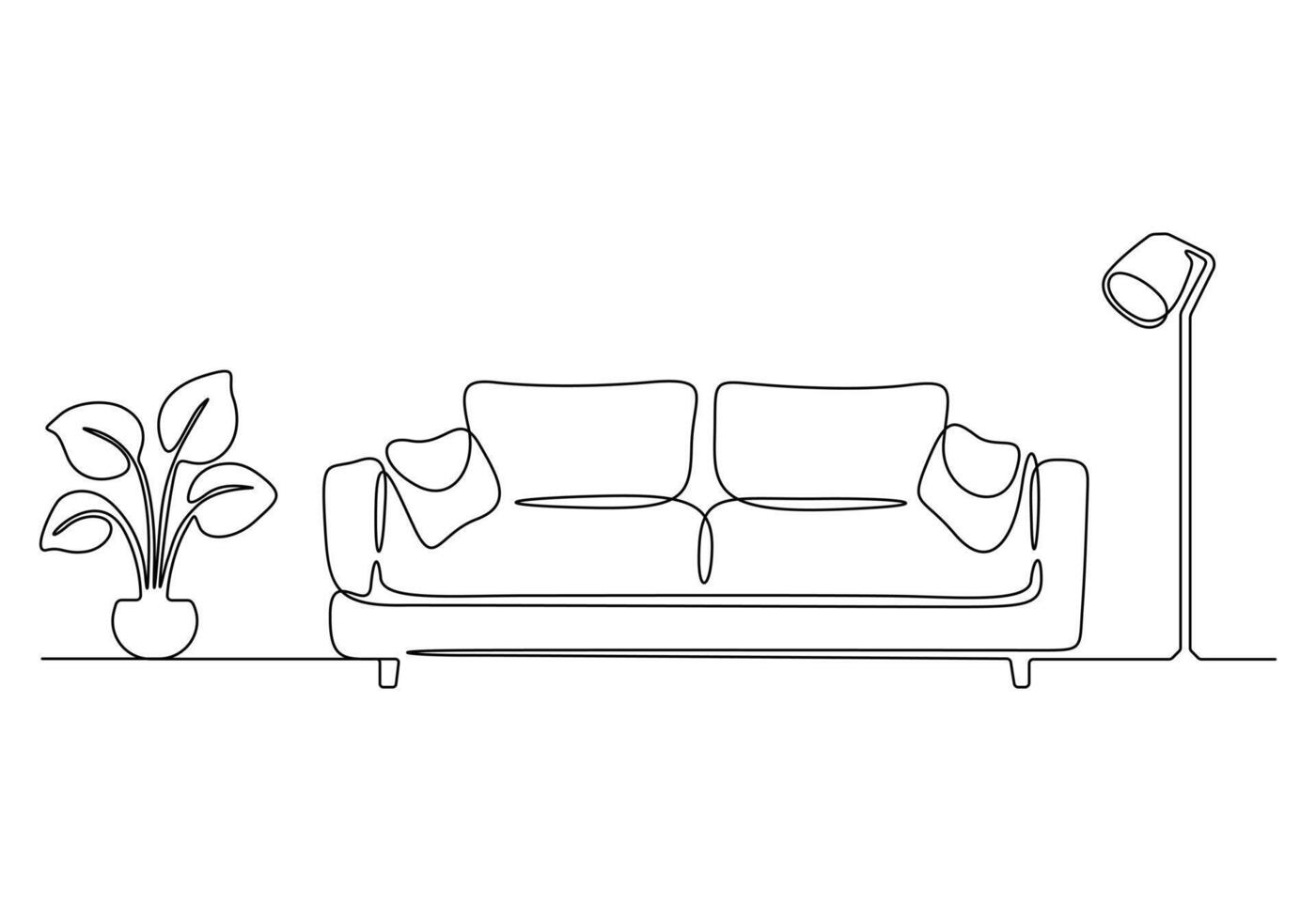 Continuous one line drawing of couch or sofa with lamp and potted plant. Modern furniture simple linear style vector illustration