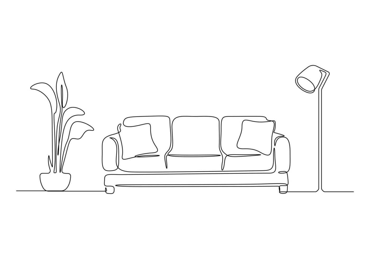 Continuous one line drawing of couch or sofa with lamp and potted plant. Modern furniture simple linear style vector illustration