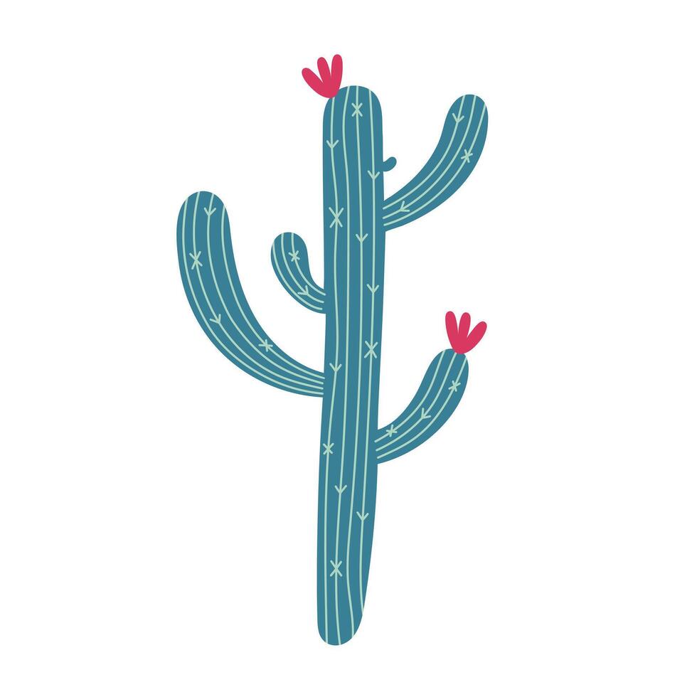 Cactus vector icon. A prickly plant with a green stem, spines, pink flowers. Desert succulent. Wild Mexican saguaro. Hand drawn botanical doodle isolated on white. Flat cartoon clipart for print, web