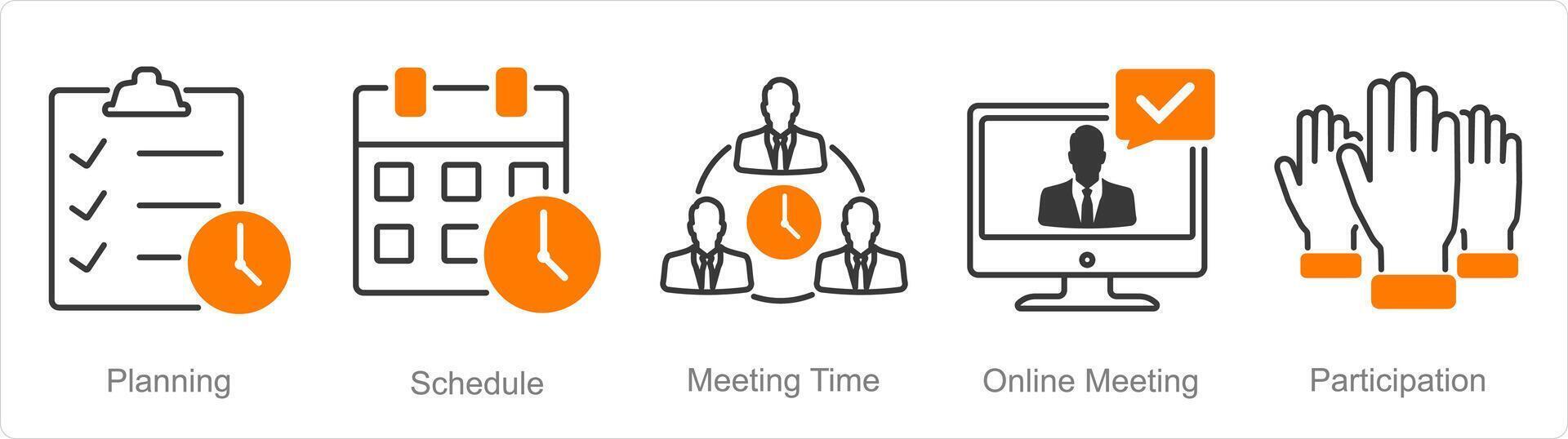 A set of 5 Meeting icons as planning, schedule, meeting time vector