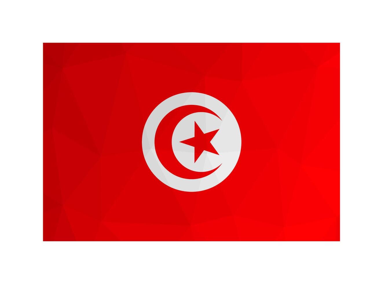 Vector isolated illustration. National Tunisian flag with white sun-disc, red star and crescent. Official symbol of Tunisia. Creative design in low poly style with triangular shapes. Gradient effect.