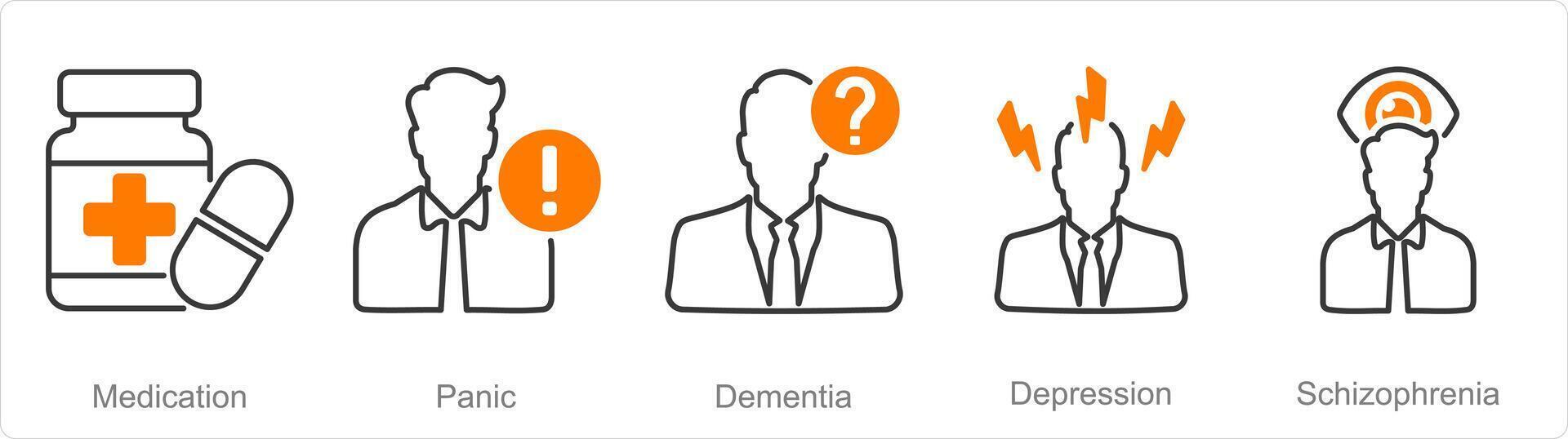 A set of 5 Mental Health icons as medication, panic, dementia vector