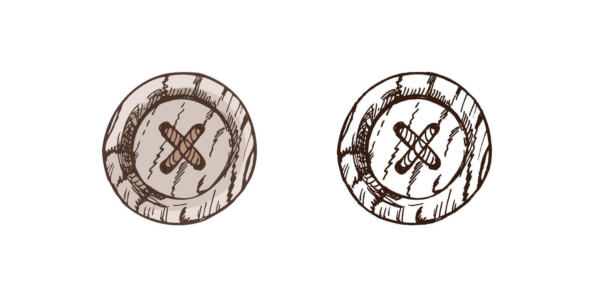 Hand-drawn colored and monochrome sketch of round sewing buttons. Handmade, sewing equipment concept in vintage doodle style. Engraving style. vector