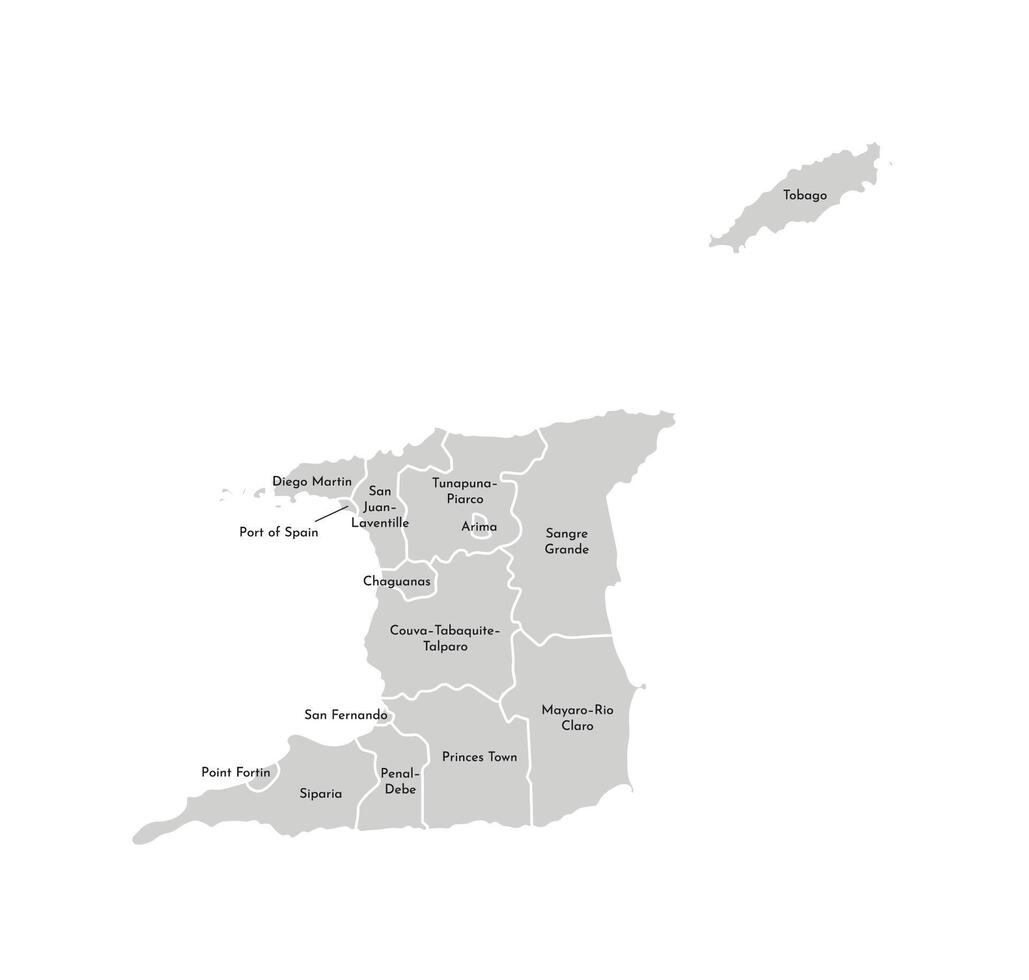 Vector isolated illustration of simplified administrative map of Trinidad and Tobago. Borders and names of the provinces, regions. Grey silhouettes. White outline