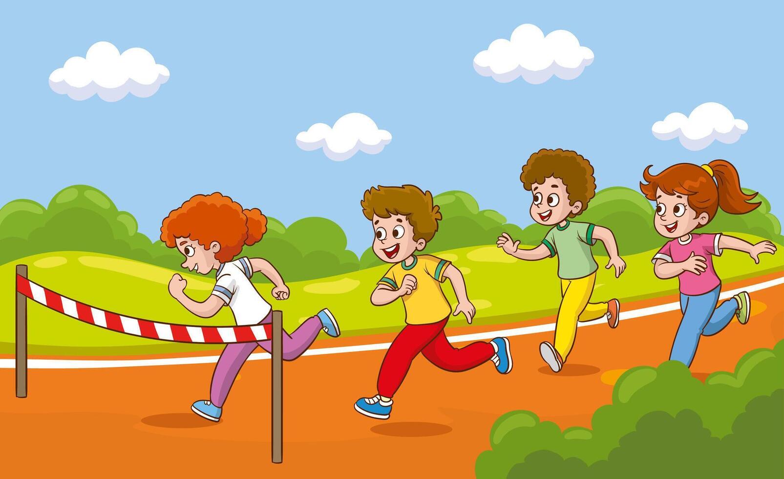 Vector illustration of a group of racer kids running towards the finish line.kids running race.