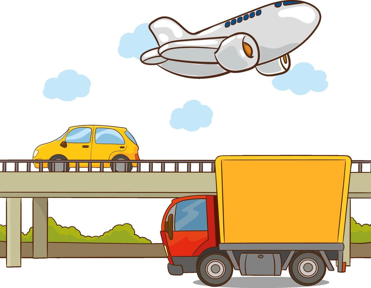 Different means of transportation for travel and delivery.Truck for cargo transportation and heavy load delivery. Air transportation by plane. Vector illustration