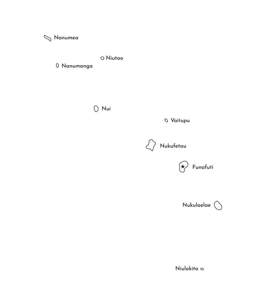 Vector isolated illustration of simplified map of Tuvalu with names of the islands. Black line silhouettes.