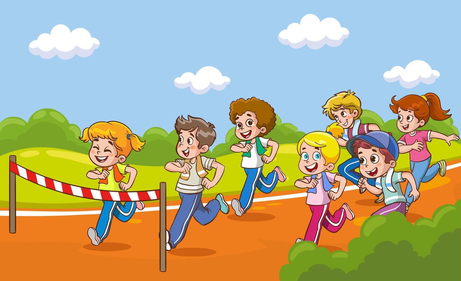 Vector illustration of a group of racer kids running towards the finish line.kids running race.