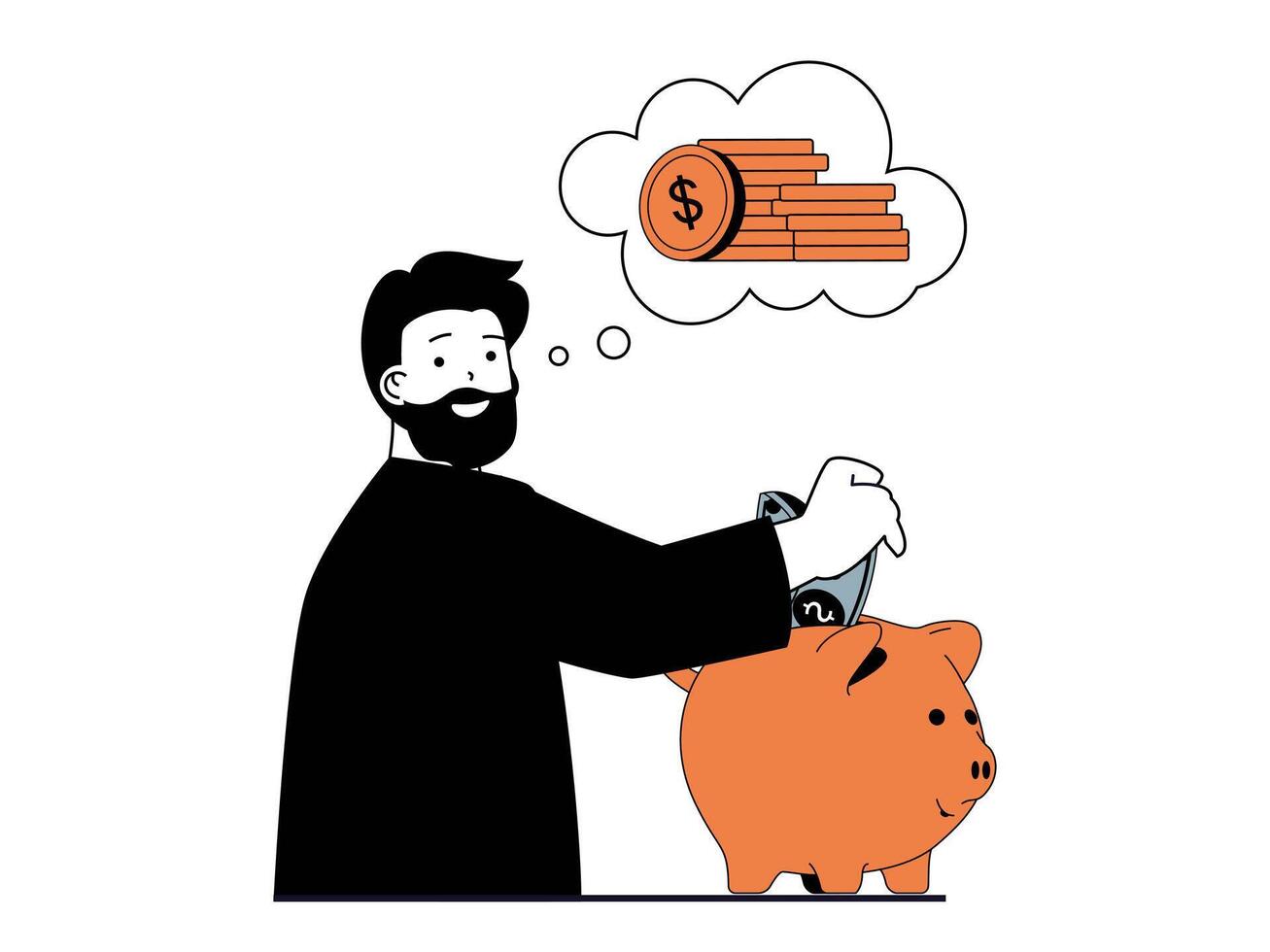 Finance concept with character situation. Man saves money in piggy bank, makes deposit in bank and success invests, increasing profits. Vector illustration with people scene in flat design for web