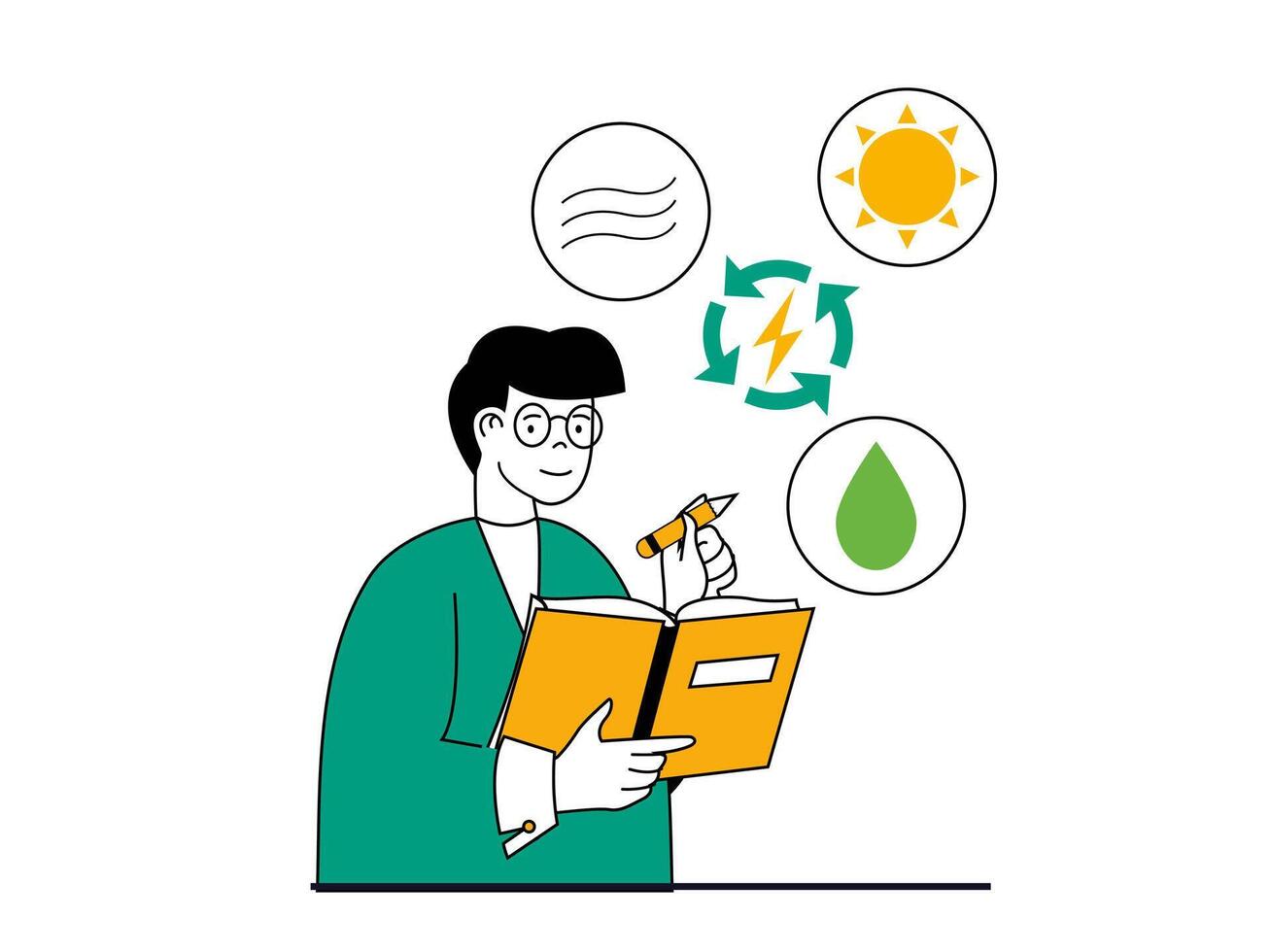 Green energy concept with character situation. Man developing ecological system technology using renewable sources of wind, sun and water.Vector illustration with people scene in flat design for web vector