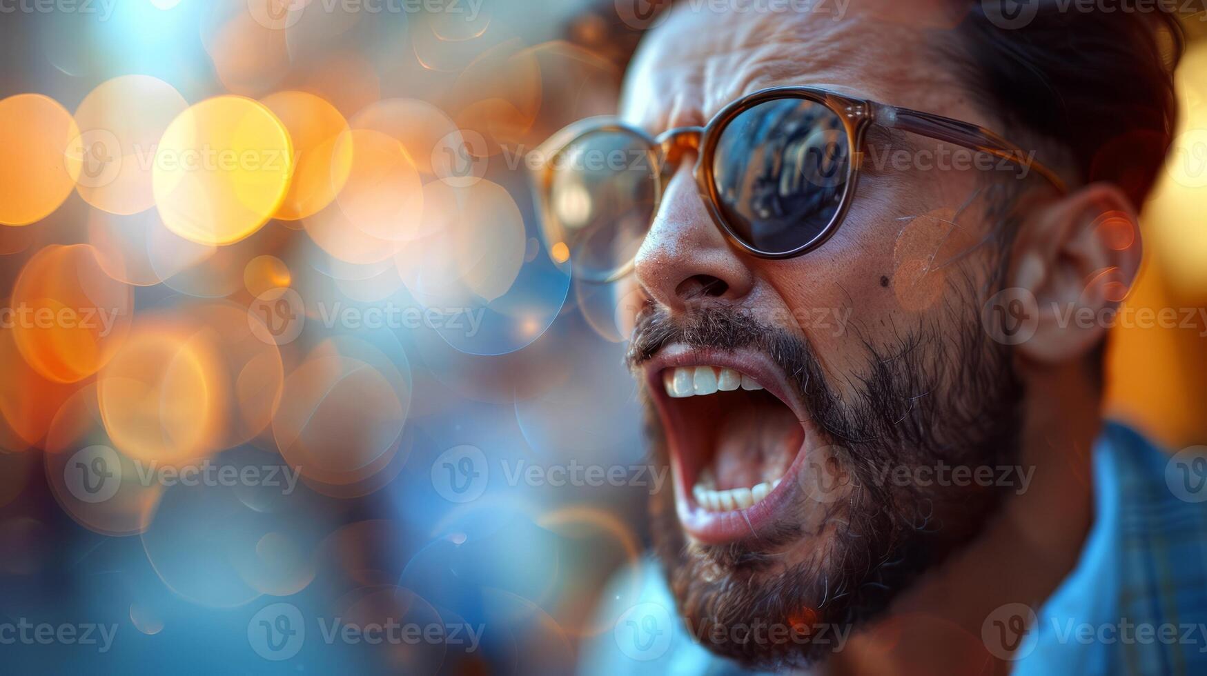 AI generated Angry bearded man screaming with rage in front of blurred lights. Concept of frustration, anger issues, and emotional outburst. photo