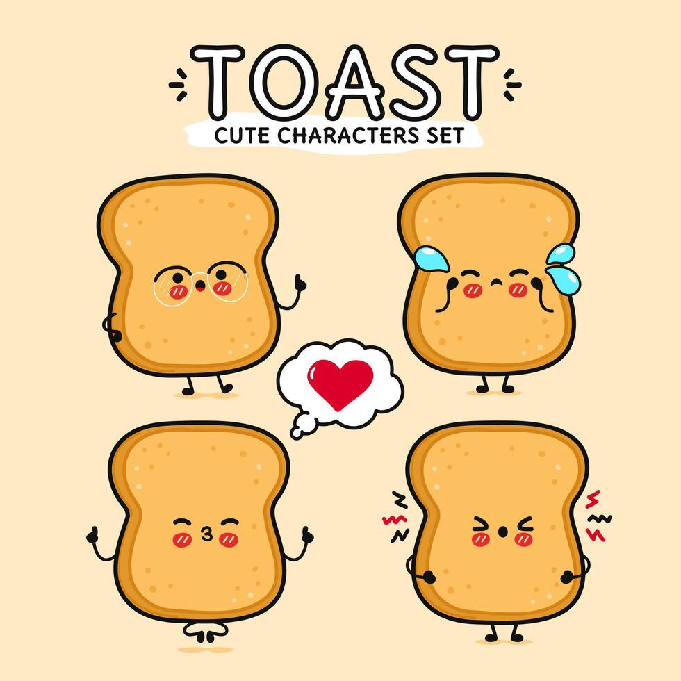 Funny cute happy Toast characters bundle set. Vector hand drawn doodle style cartoon character illustration. Isolated on brown background. Toast mascot character collection