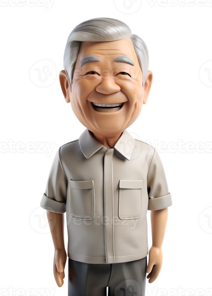 AI generated 3d style illustration of asia old man in office worker uniform, he is joyfull, isolated on background png