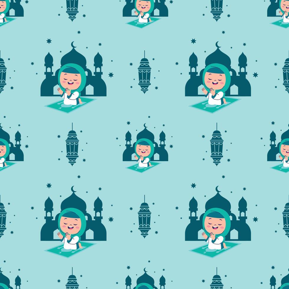 CUTE ISLAMIC GIRL IN HIJAB IS PRAYING SEAMLESS PATTERN vector