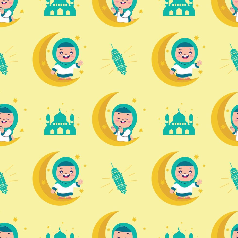 CUTE ISLAMIC GIRL IN HIJAB IS PRAYING ON THE MOON RAMADAN SEAMLESS PATTERN vector