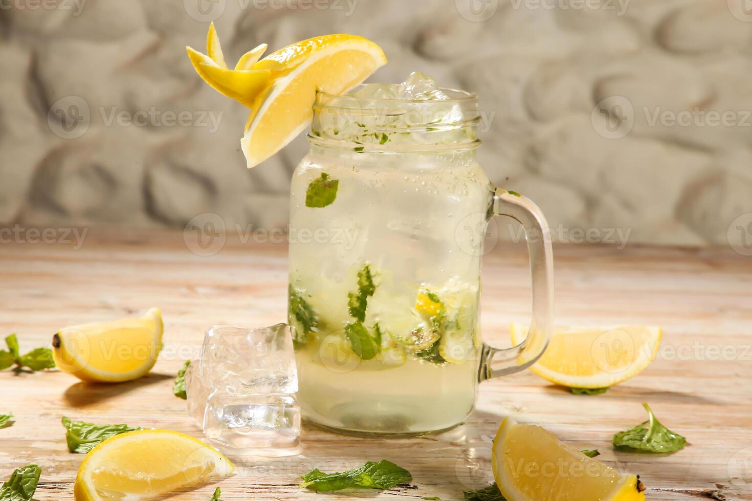 Arabic Style fresh Lemon mint mojito fruit juices served in jar isolated on background top view drink photo