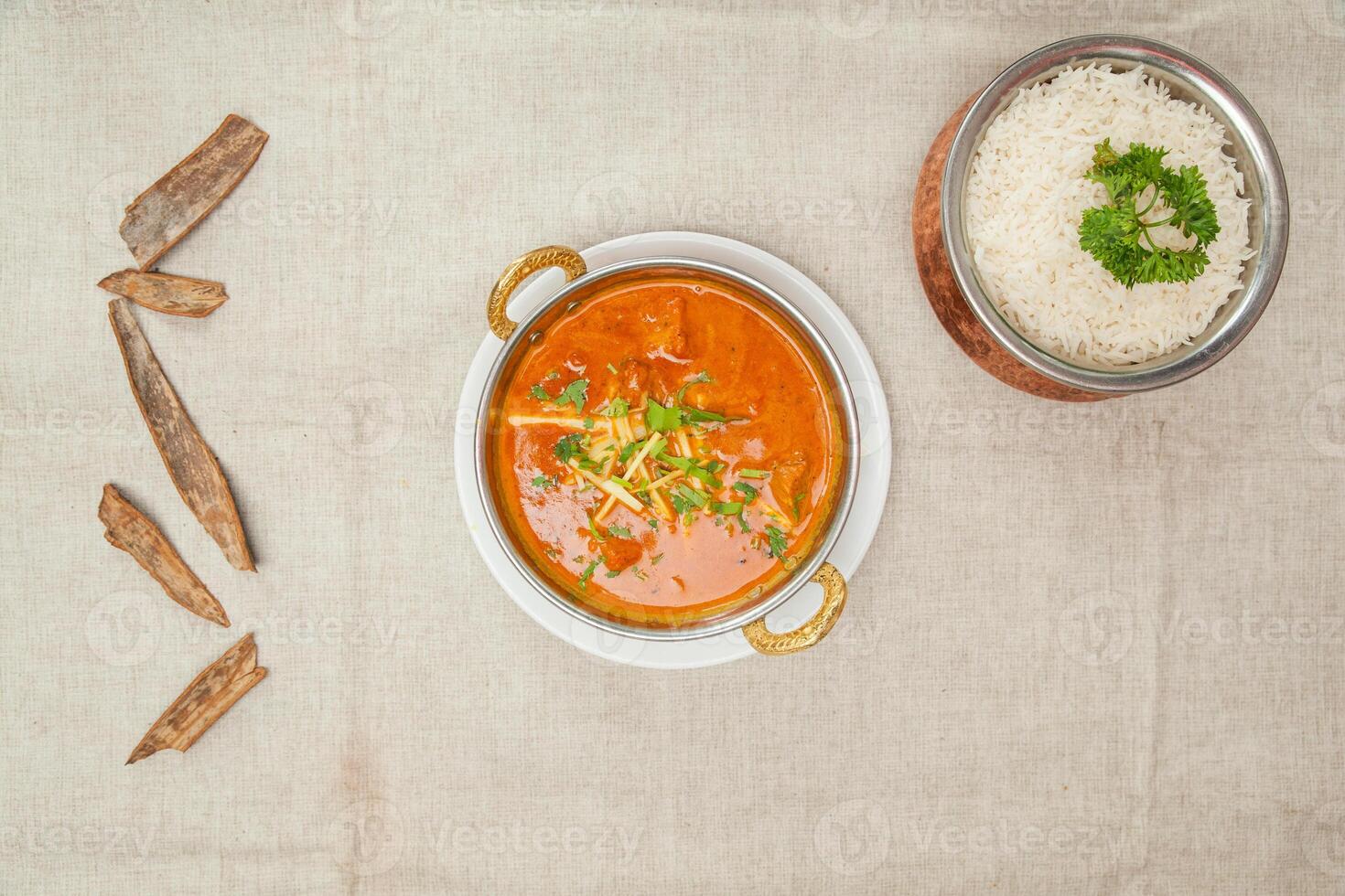 Kandahari karahi ghost with white rice served in a dish isolated on table top view of indian spices food photo