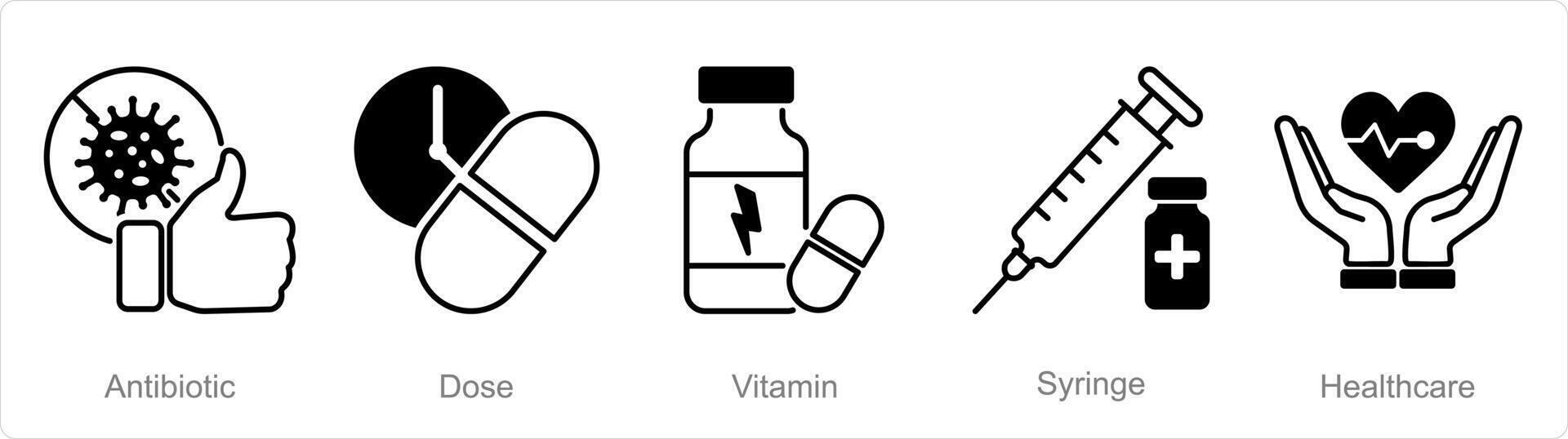 A set of 5 Pharmacy icons as antiboitic, dose, vitamin vector