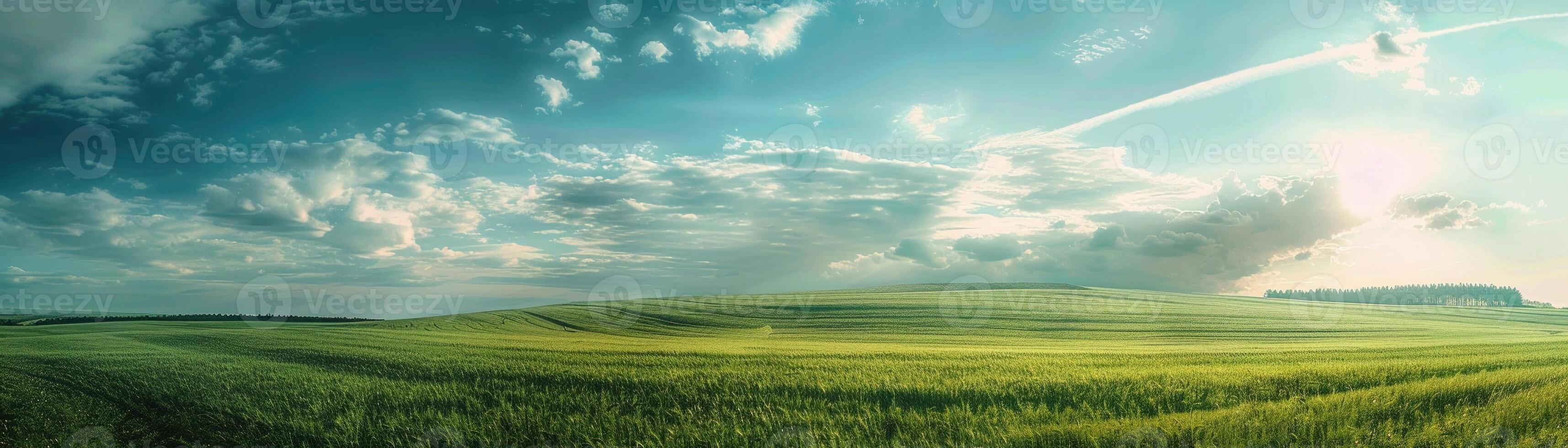 AI generated A Panoramic landscape of a serene green field under a vast sky photo