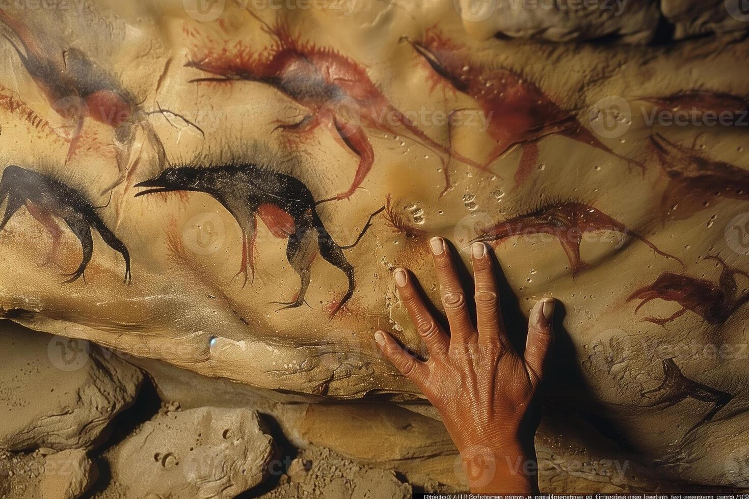 AI generated cave painting, the hand of an indigenous person touches an ancient stone with mysterious creatures depicted on it photo