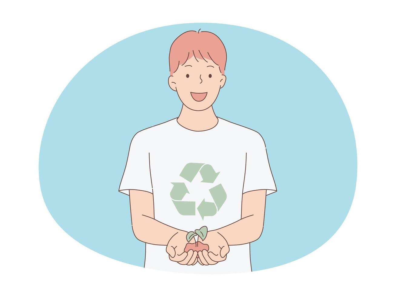 man holding a green sprout with handful of soil. Eco, green, environment friendly.hand drawn style Vector illustration