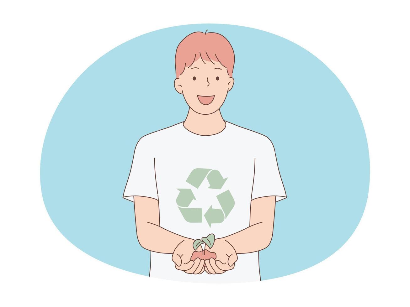 hombre participación un verde brote con puñado de suelo. ecológico, verde, ambiente mano.amistosa dibujado estilo vector ilustración