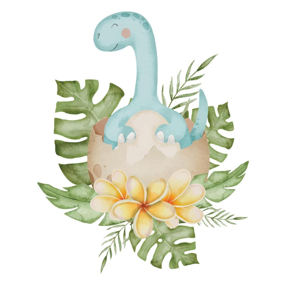 Baby Dino in a egg. Watercolor illustration of little Dinosaur diplodocus for Baby shower greeting cards or newborn party invitations. Cute drawing in pastel colors for childish design vector