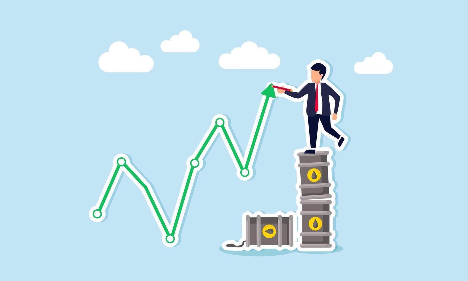 Crude oil prices surge post-crisis due to high demand in energy sector, concept of Trader stands on oil gallons, illustrating upward price trend vector