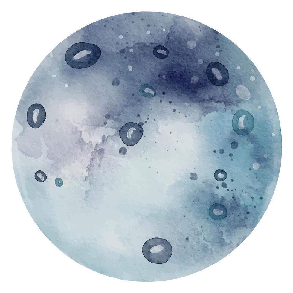 Blue Planet watercolor illustration. Hand drawn sketch of cosmic object in a Space with in pastel dark and light colors. Painting with full moon for baby design on isolated background vector