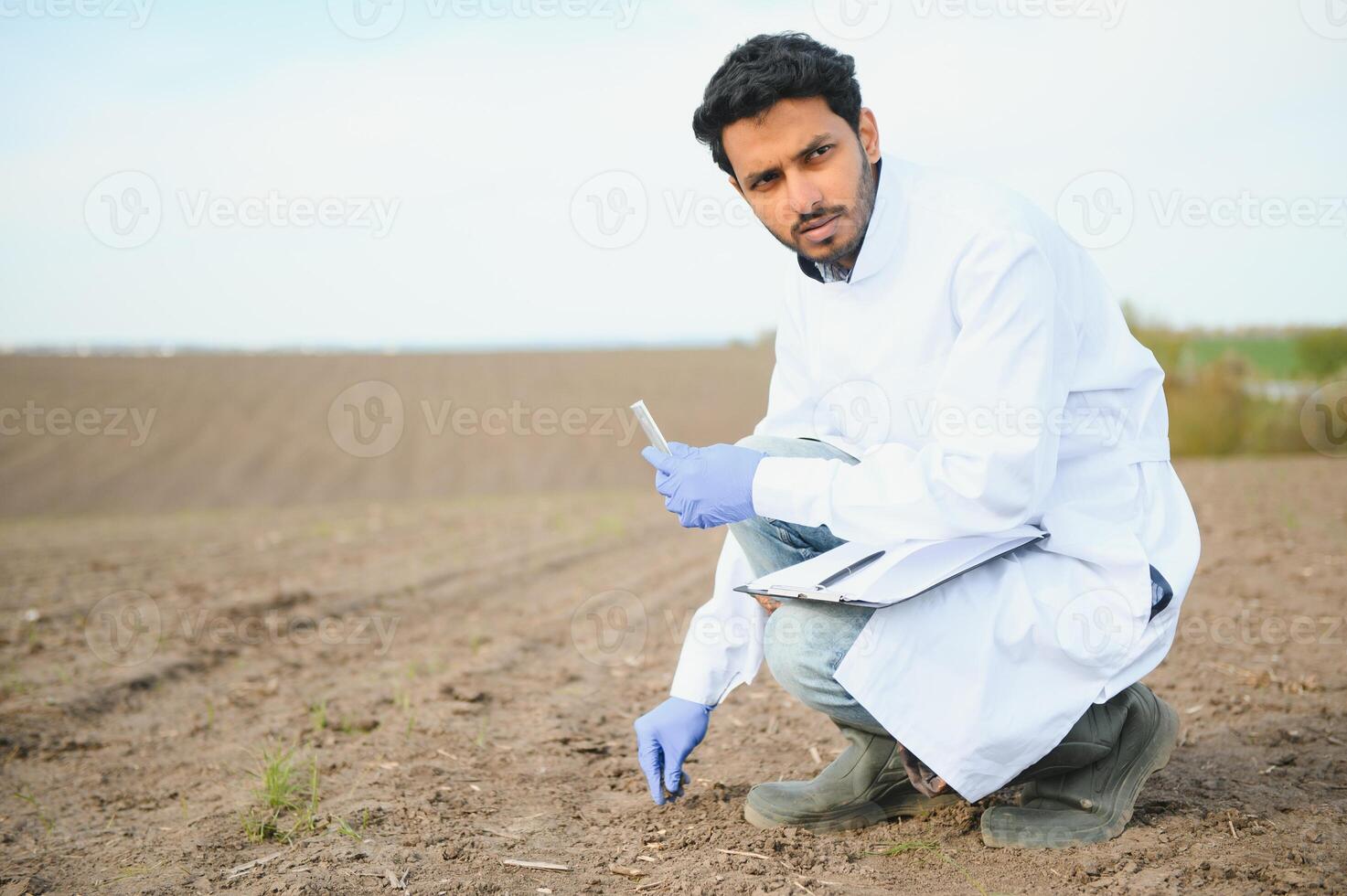 suelo pruebas. indio agronomía especialista tomando suelo muestra para Fertilidad análisis. manos en guantes cerca arriba. ambiental proteccion, orgánico suelo Certificación, campo trabajar, investigación foto