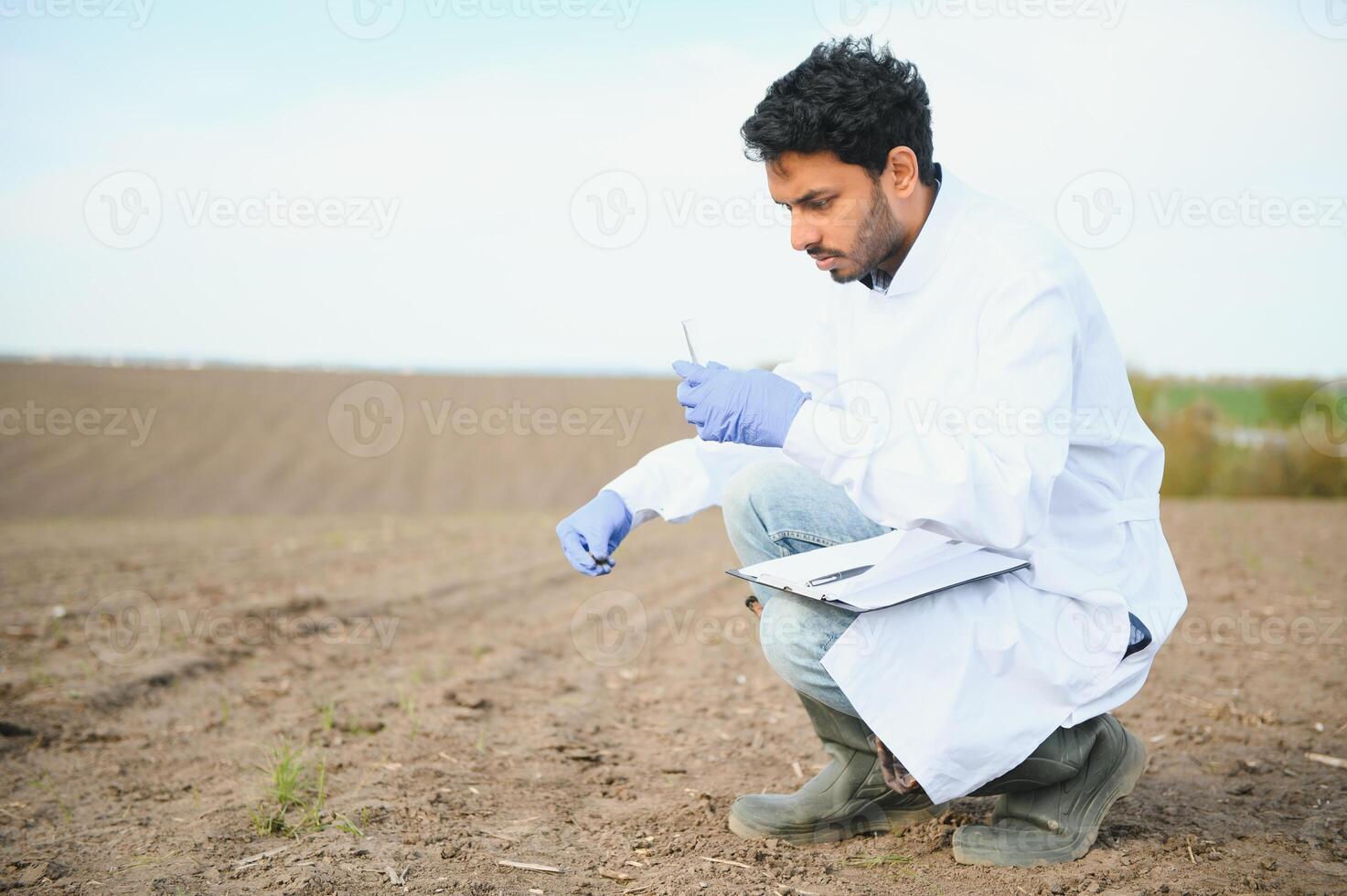 suelo pruebas. indio agronomía especialista tomando suelo muestra para Fertilidad análisis. manos en guantes cerca arriba. ambiental proteccion, orgánico suelo Certificación, campo trabajar, investigación foto