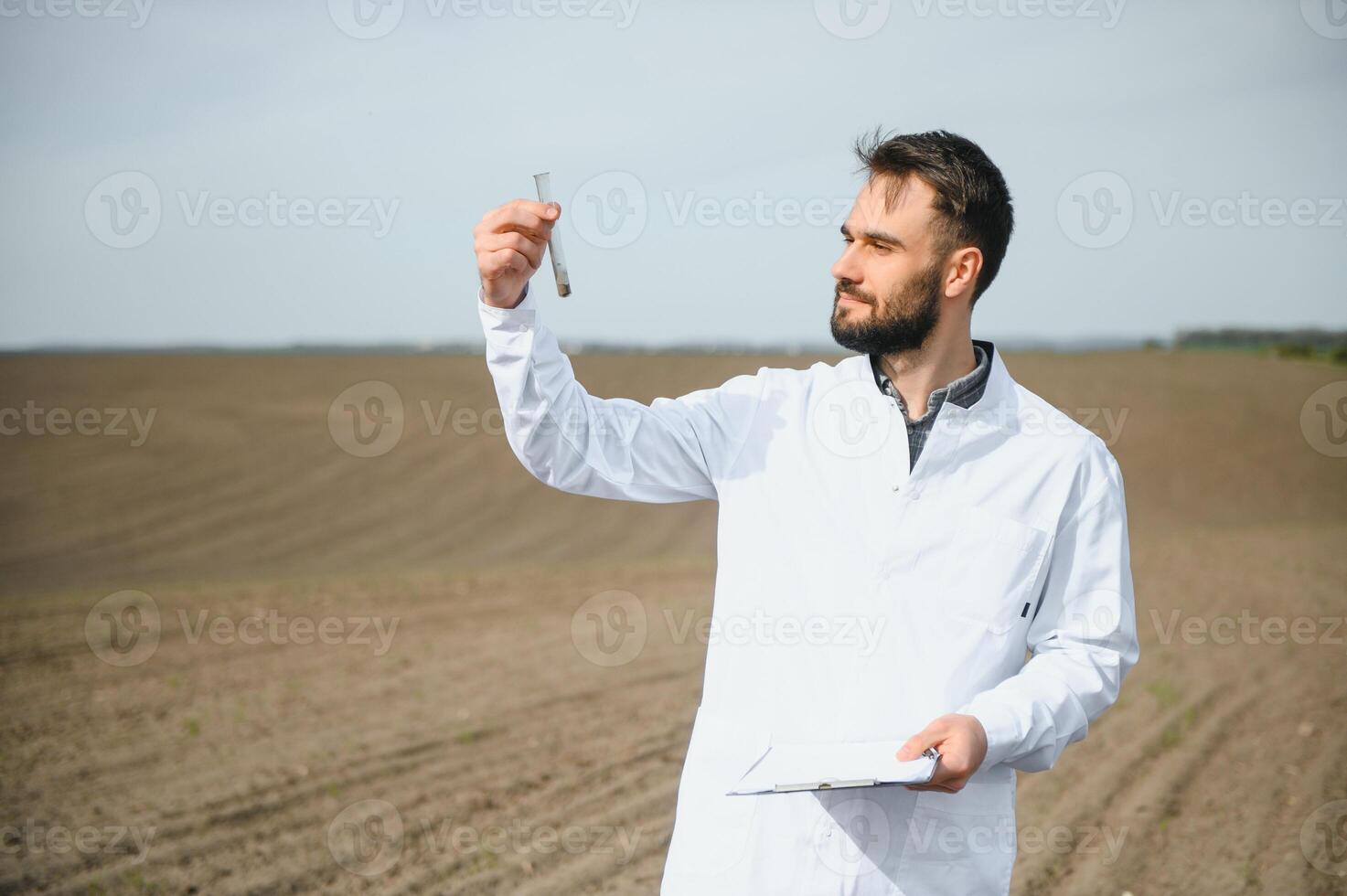 Agronomist studying samples of soil in field photo