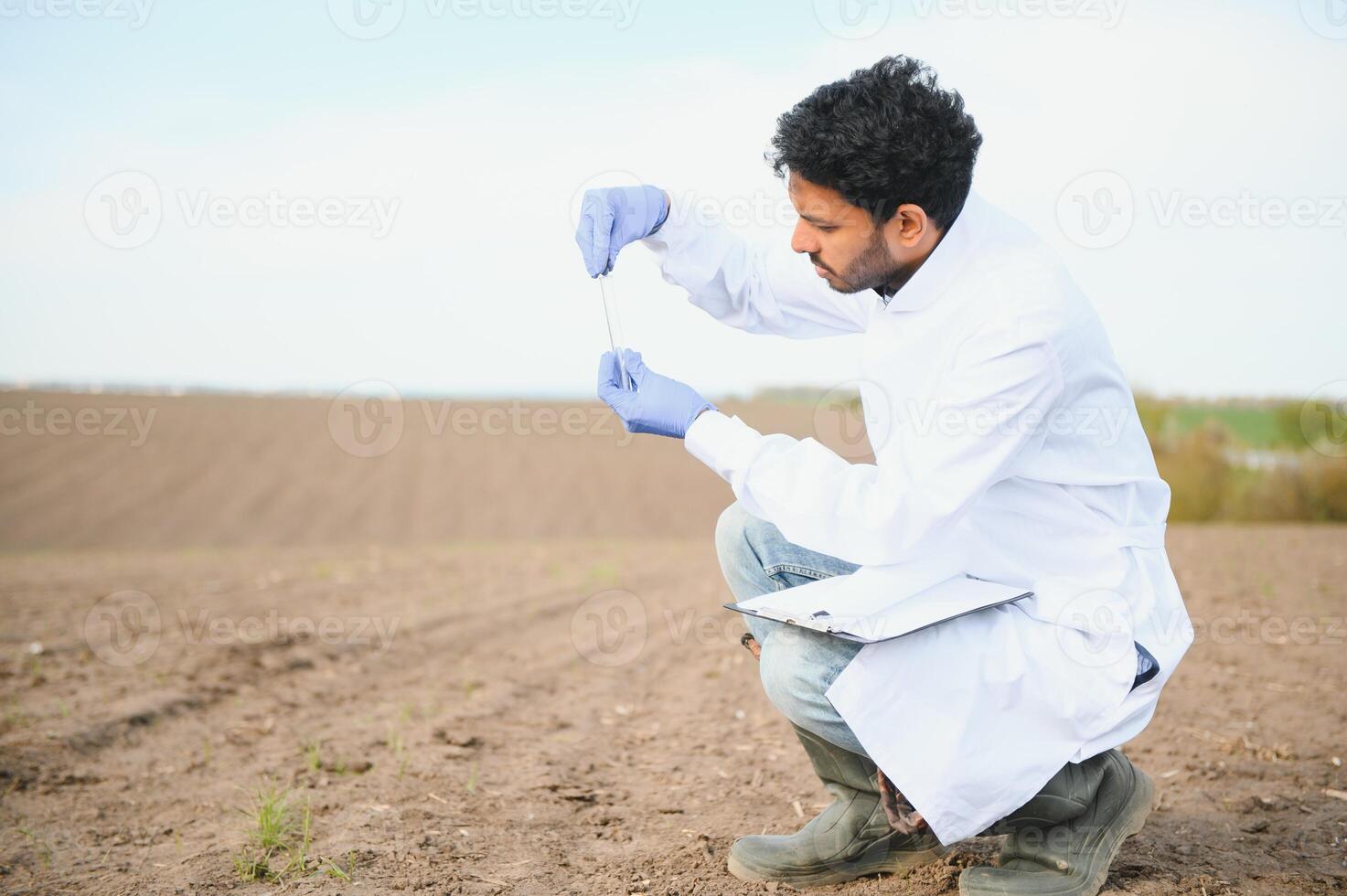 Soil Testing. Indian Agronomy Specialist taking soil sample for fertility analysis. Hands in gloves close up. Environmental protection, organic soil certification, field work, research photo