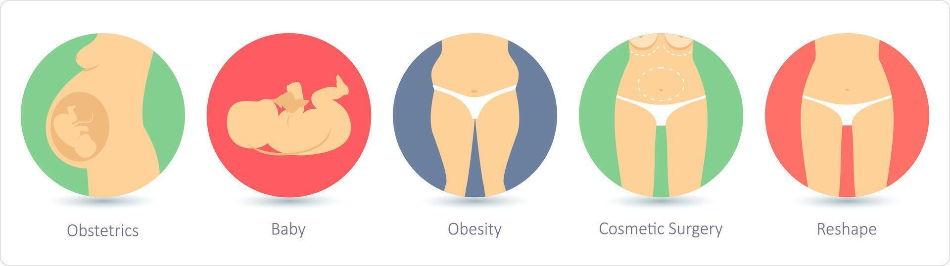A set of 5 medical icons as obstertrics, baby, obesity vector