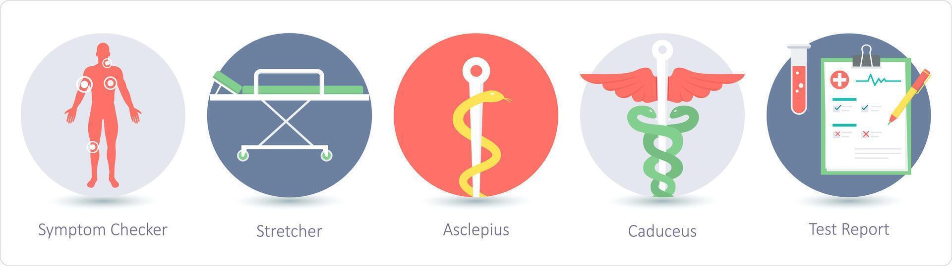 A set of 5 medical icons as symptom checker, stretcher, asclepious vector